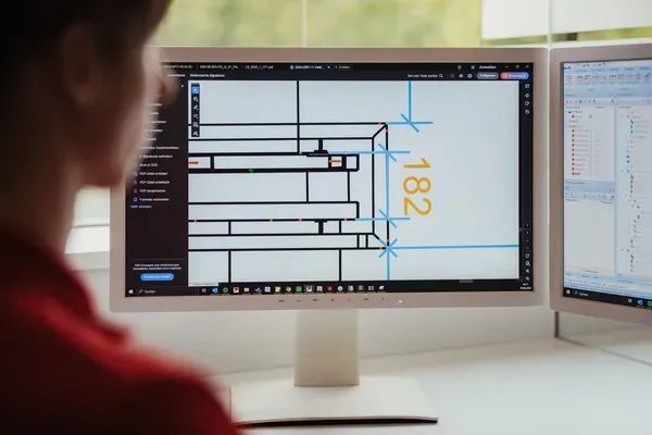 Person vor zwei Monitoren; linker Bildschirm zeigt eine technische Zeichnung mit schwarzen Linien, blauen Führungslinien und der orangen Zahl 182.