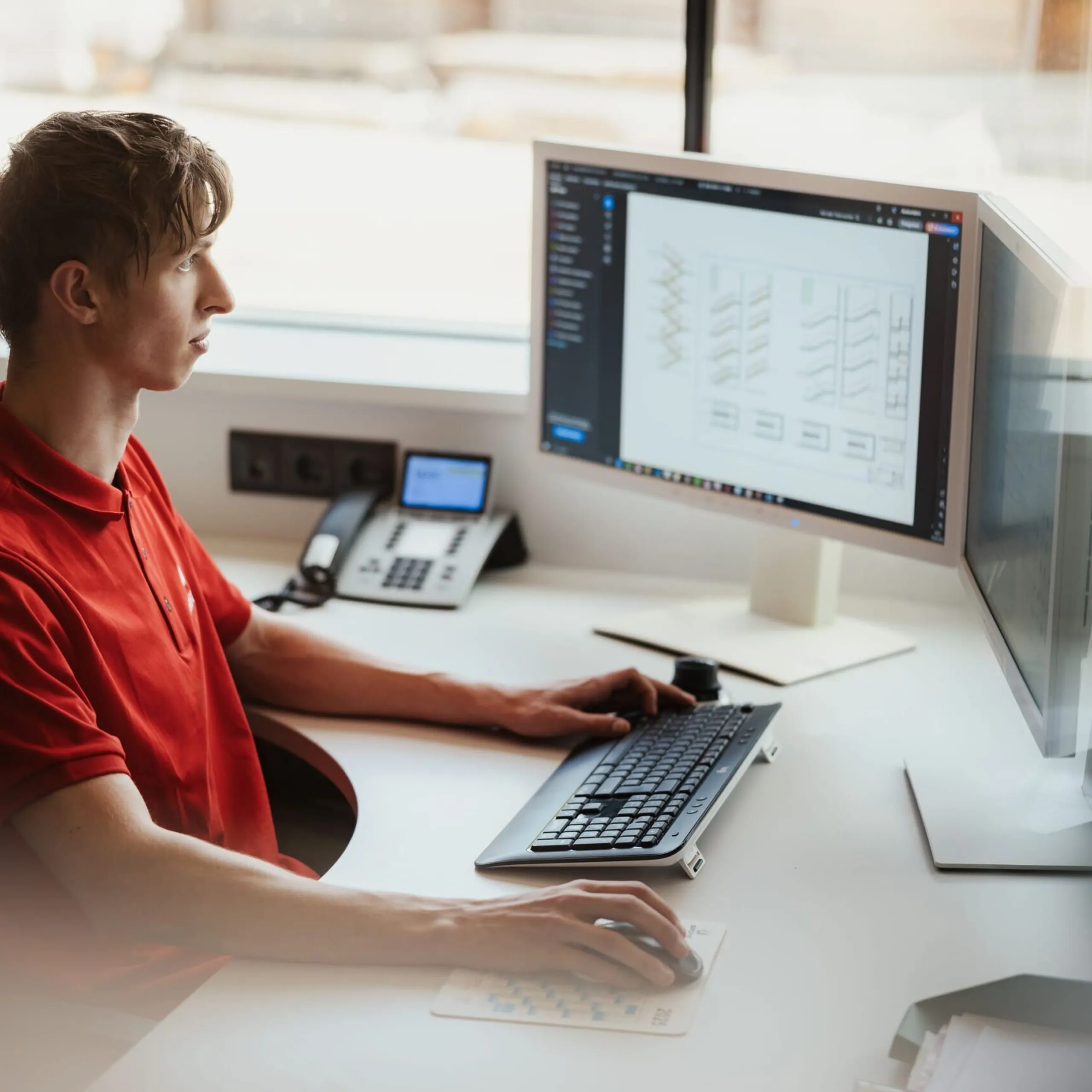 Person im roten Polohemd arbeitet am Computer; Monitor zeigt CAD-Entwürfe in einem Metallbauunternehmen im Südtirol.