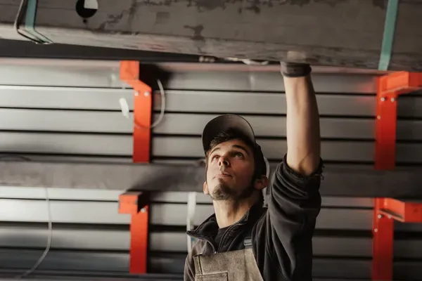 Person in Arbeitskleidung und Kappe hebt schweren Metallträger mit Kranhaken in einer Metallwerkstatt; im Hintergrund Stahlregale.