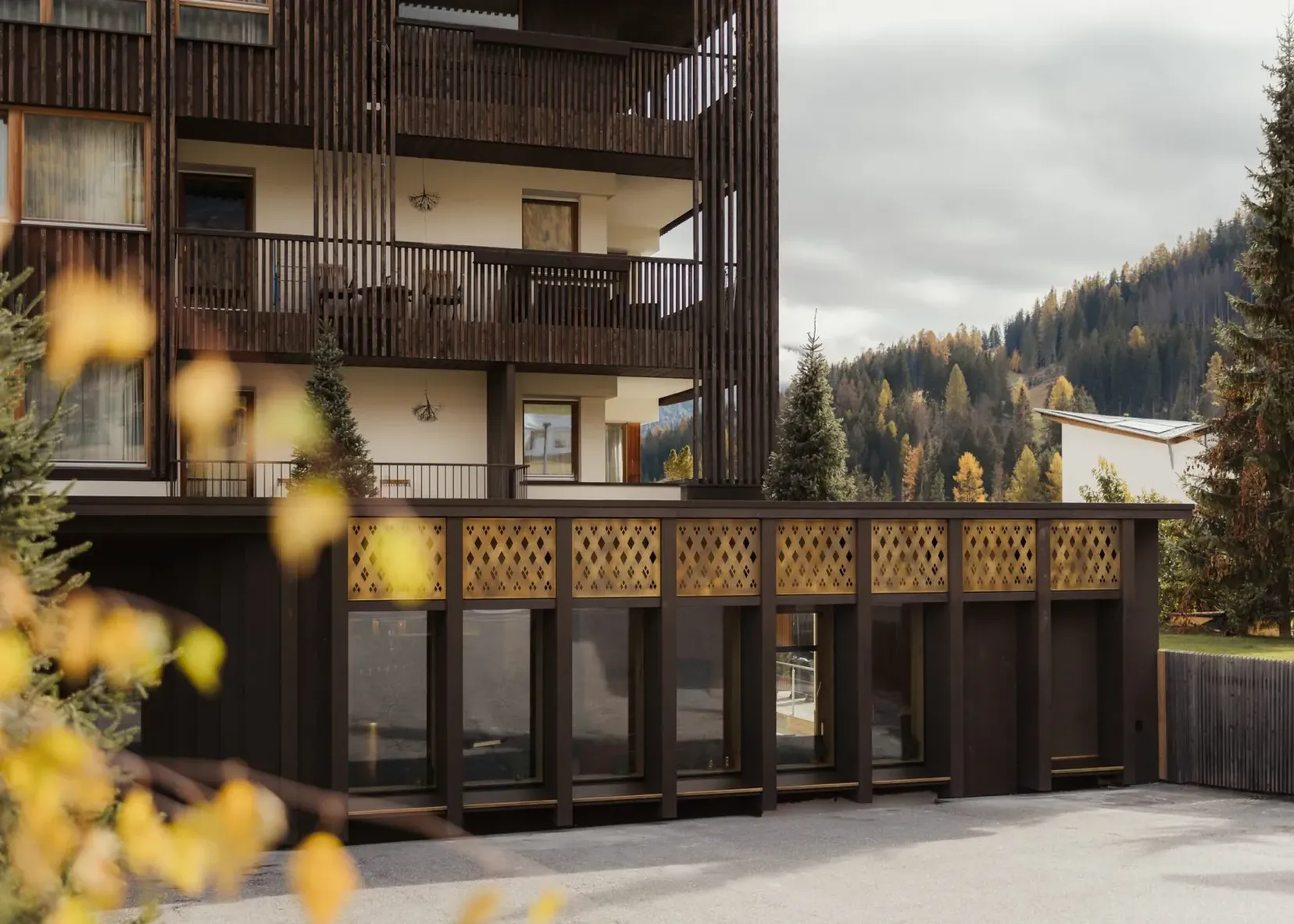 Mehrstöckiges Gebäude mit dunkler Holzfassade und Balkonen; untere Etage mit Gitterverkleidung, davor gelbe Herbstblätter und Wald im Hintergrund.