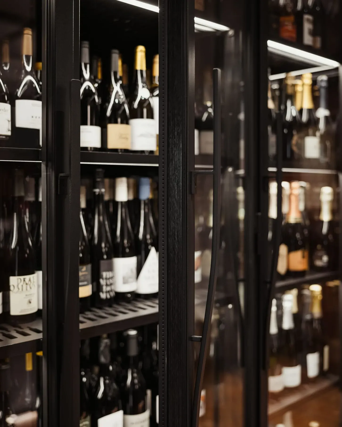 Vetrina frigorifera per vini con porte in vetro e cornice metallica nera; bottiglie allineate sui ripiani illuminati.