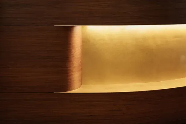 Superficie metallica dorata curvata tra pannelli di legno scuro, illuminata da luce soffusa; interno di azienda metalmeccanica del Sudtirolo.